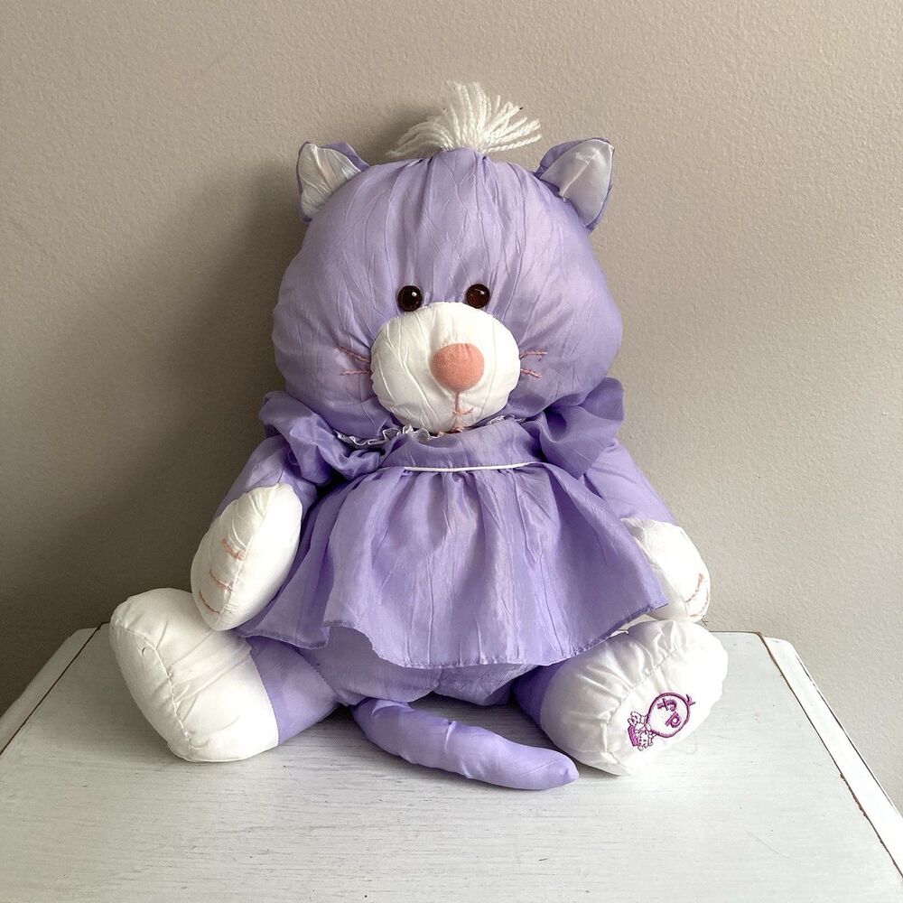 Fisher Price Vintage Puffalump Purple Nylon Kitty Cat Plush Purple Dress Lace